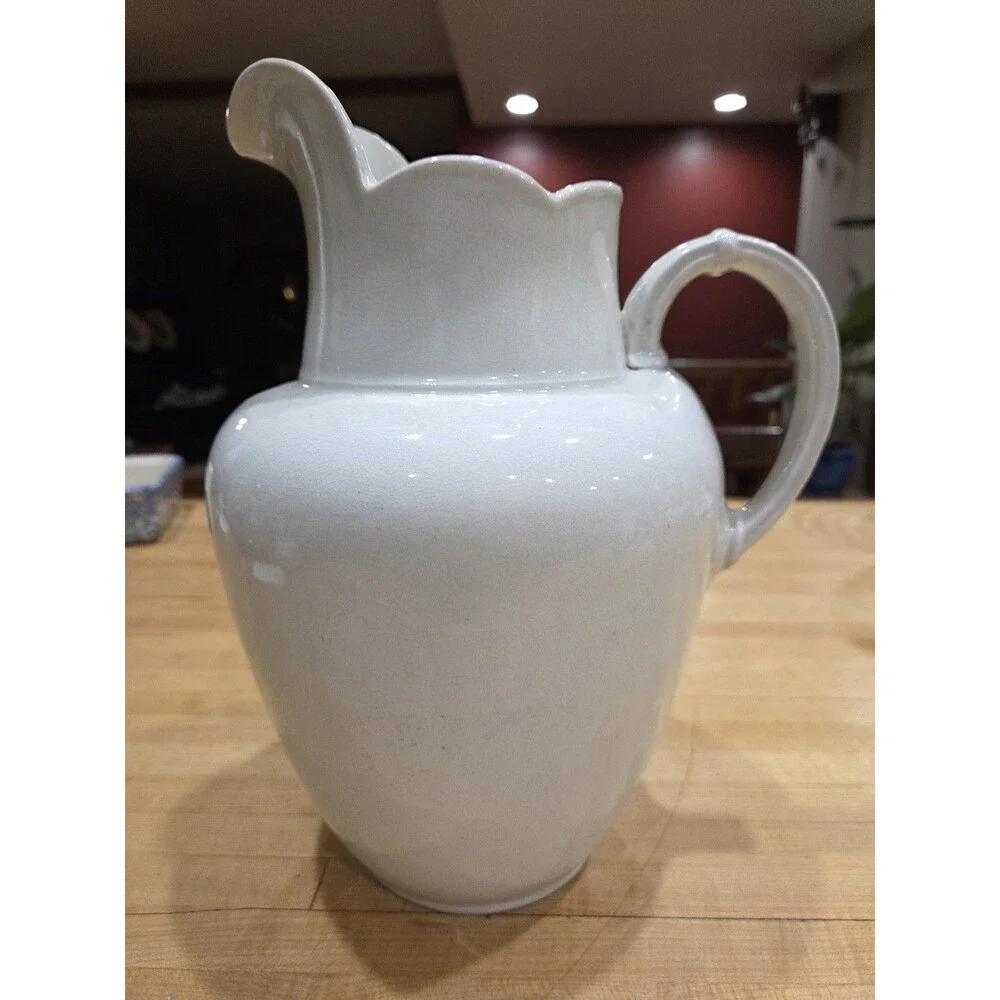 Vintage Red Cliff White Ironstone Pitcher Scalloped Rim